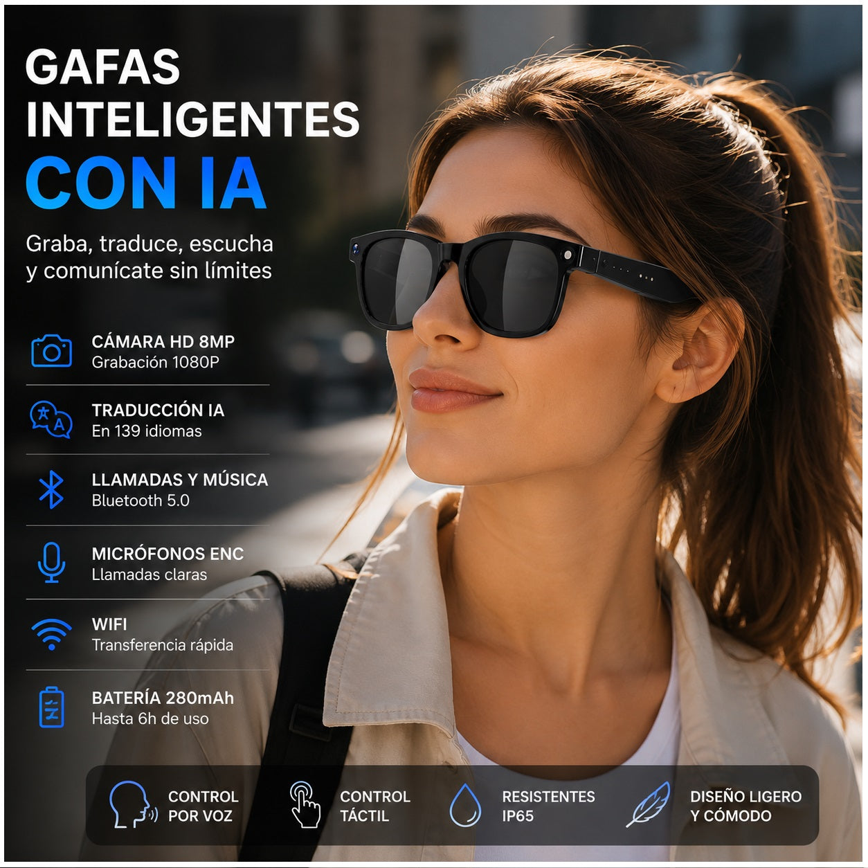 Gafas Inteligentes con IA M8AI Cámara HD 8MP Traducción en Tiempo Real Bluetooth y Grabación 1080P