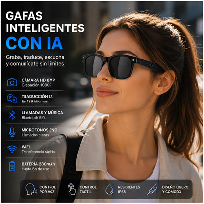 Gafas Inteligentes con IA M8AI Cámara HD 8MP Traducción en Tiempo Real Bluetooth y Grabación 1080P