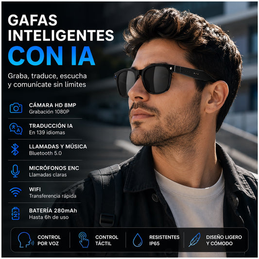 Gafas Inteligentes con IA M8AI Cámara HD 8MP Traducción en Tiempo Real Bluetooth y Grabación 1080P
