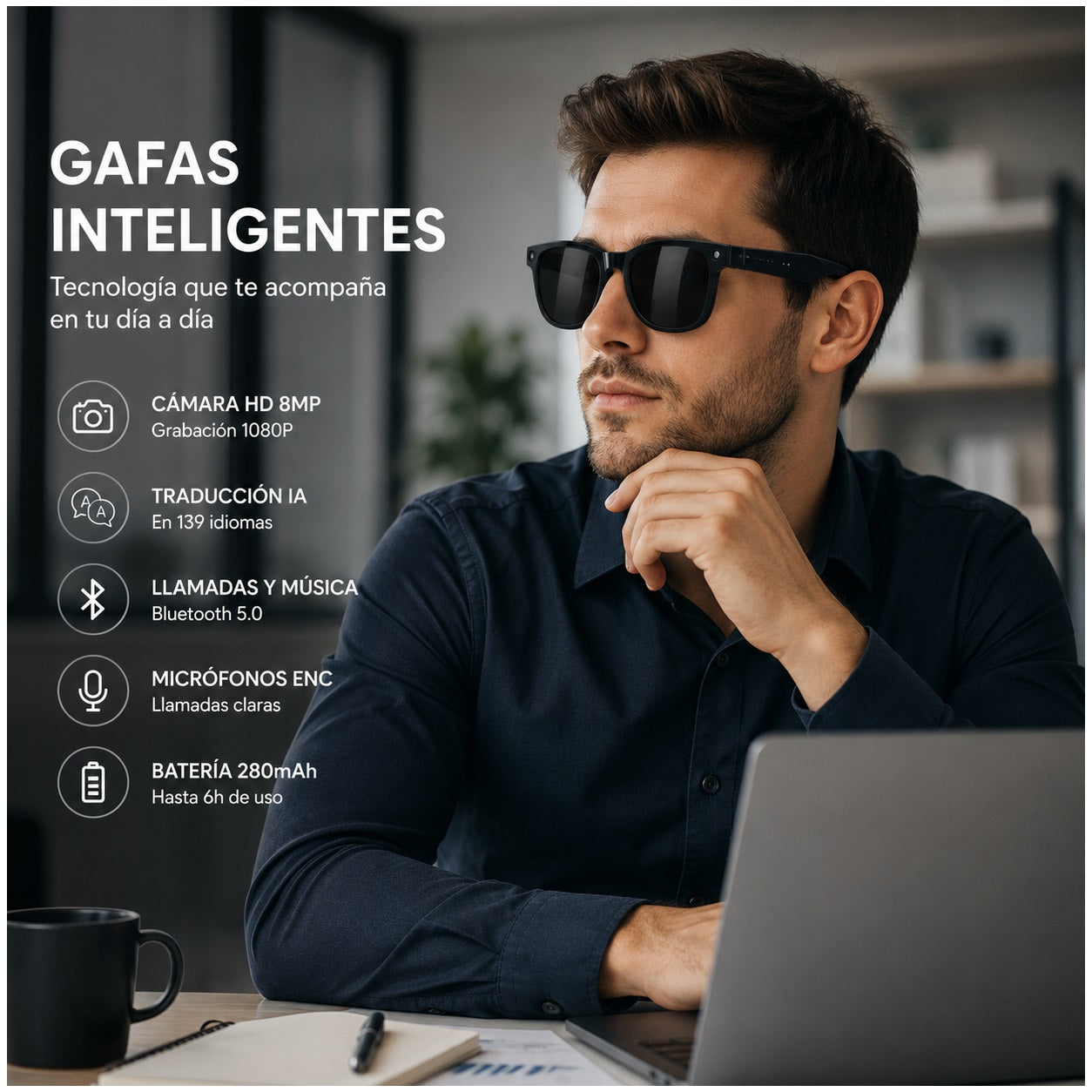 Gafas Inteligentes con IA M8AI Cámara HD 8MP Traducción en Tiempo Real Bluetooth y Grabación 1080P