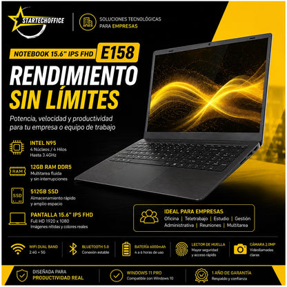 Notebook Portátil 15.6” FHD IPS Intel N95 12GB RAM 512GB SSD WiFi 5 Windows 11 Pro – Ideal para Oficina, Estudio y Multitarea