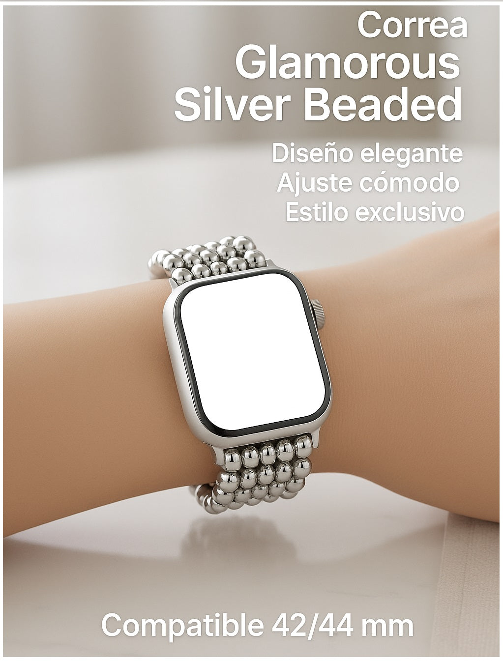 Correa Glamorous Silver Beaded para Apple Watch Diseño Elegante Estilo Exclusivo Compatible 42/44 mm