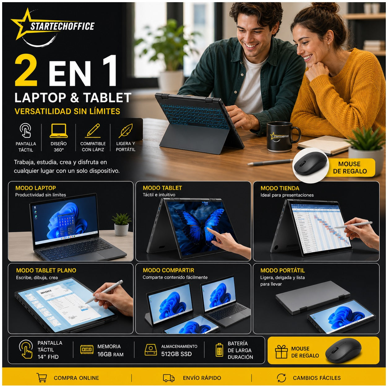 Notebook 2 en 1 Táctil 14.1” Full HD IPS, Intel N100, 16GB RAM, 512GB SSD, Convertible 360°, Ideal Oficina, Estudio y Productividad Avanzada
