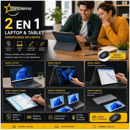 Notebook 2 en 1 Táctil 14.1” Full HD IPS, Intel N100, 16GB RAM, 512GB SSD, Convertible 360°, Ideal Oficina, Estudio y Productividad Avanzada