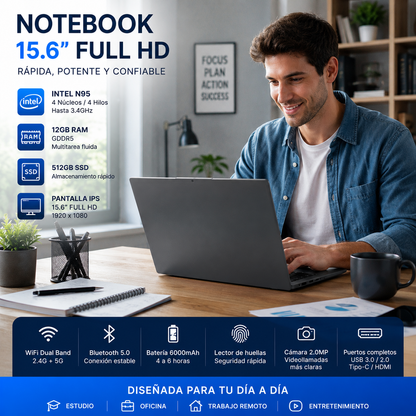 Notebook Portátil 15.6” FHD IPS Intel N95 12GB RAM 512GB SSD WiFi 5 Windows 11 Pro – Ideal para Oficina, Estudio y Multitarea