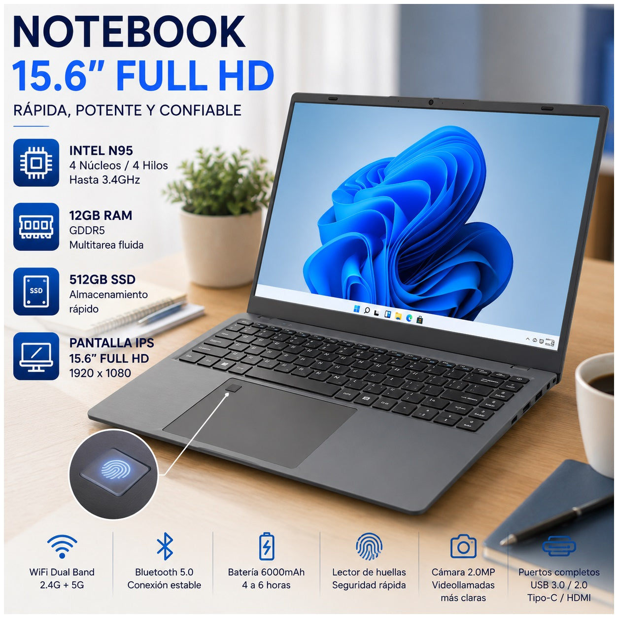 Notebook Portátil 15.6” FHD IPS Intel N95 12GB RAM 512GB SSD WiFi 5 Windows 11 Pro – Ideal para Oficina, Estudio y Multitarea
