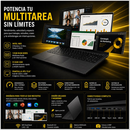 Notebook Portátil 15.6” FHD IPS Intel N95 12GB RAM 512GB SSD WiFi 5 Windows 11 Pro – Ideal para Oficina, Estudio y Multitarea
