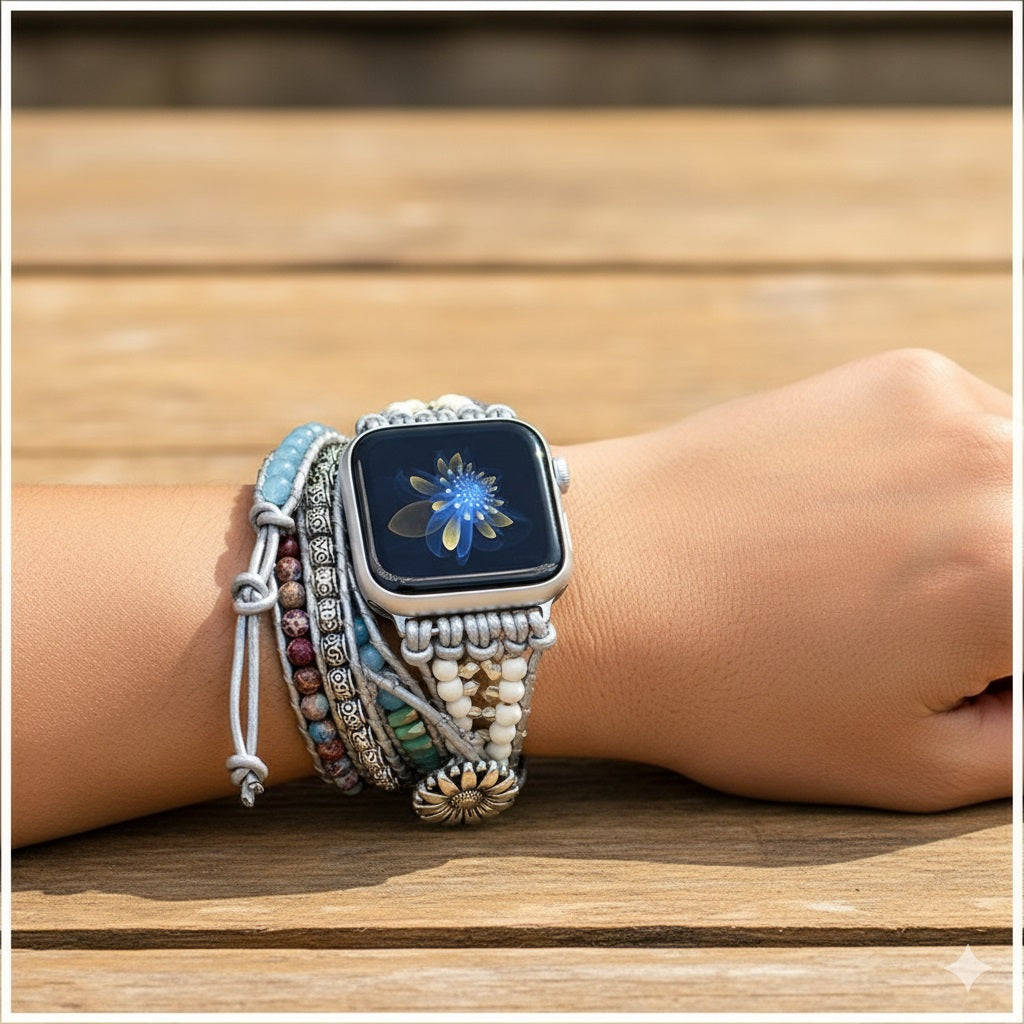 Correa Boho Trenzada para Apple Watch 42/44mm con Piedras Naturales, Estilo Luxury-Trendy
