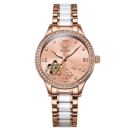 Reloj Automático Mujer Elegante 32mm Acero Inoxidable y Cerámica Diseño Floral Cristales Decorativos