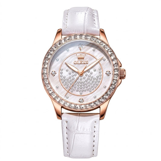 Reloj de Mujer Elegante de Cuarzo Cristales Decorativos Correa Blanca Texturizada y Esfera Luminosa