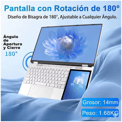 Notebook Dual Screen 15.6” Full HD + Pantalla Secundaria 7” | 16GB RAM DDR5 | 512GB SSD | Intel Quad-Core hasta 3.4GHz | Windows 11 Pro | Webcam Magnética