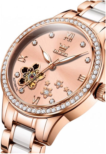 Reloj Automático Mujer Elegante 32mm Acero Inoxidable y Cerámica Diseño Floral Cristales Decorativos