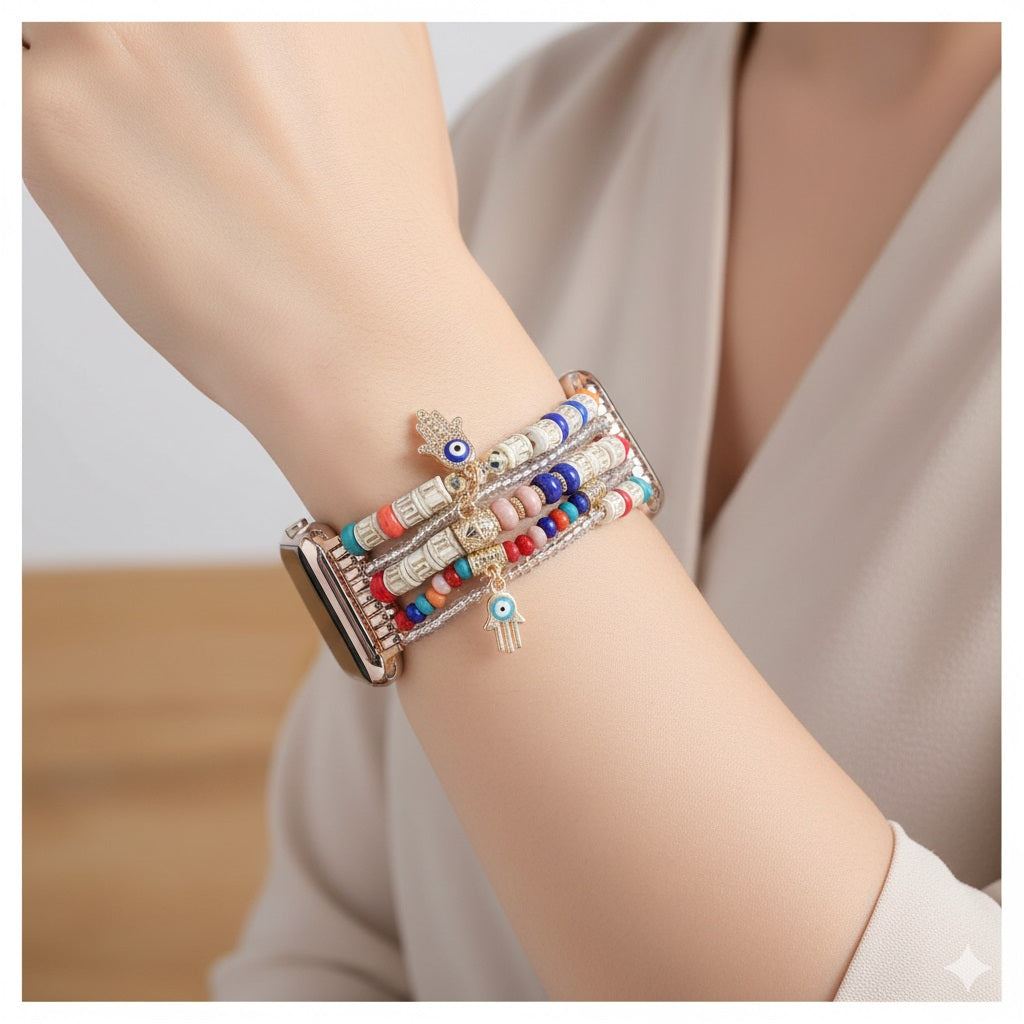 Correa Bohemia de Cuentas para Apple Watch 42/44 mm Múltiples Hilos Decorativos y Dijes Protectores