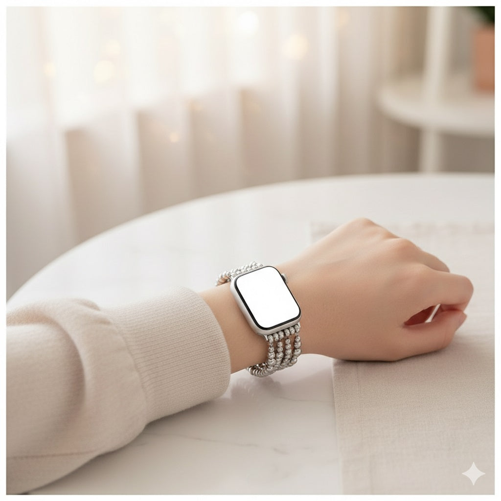 Correa Glamorous Silver Beaded para Apple Watch Diseño Elegante Estilo Exclusivo Compatible 42/44 mm