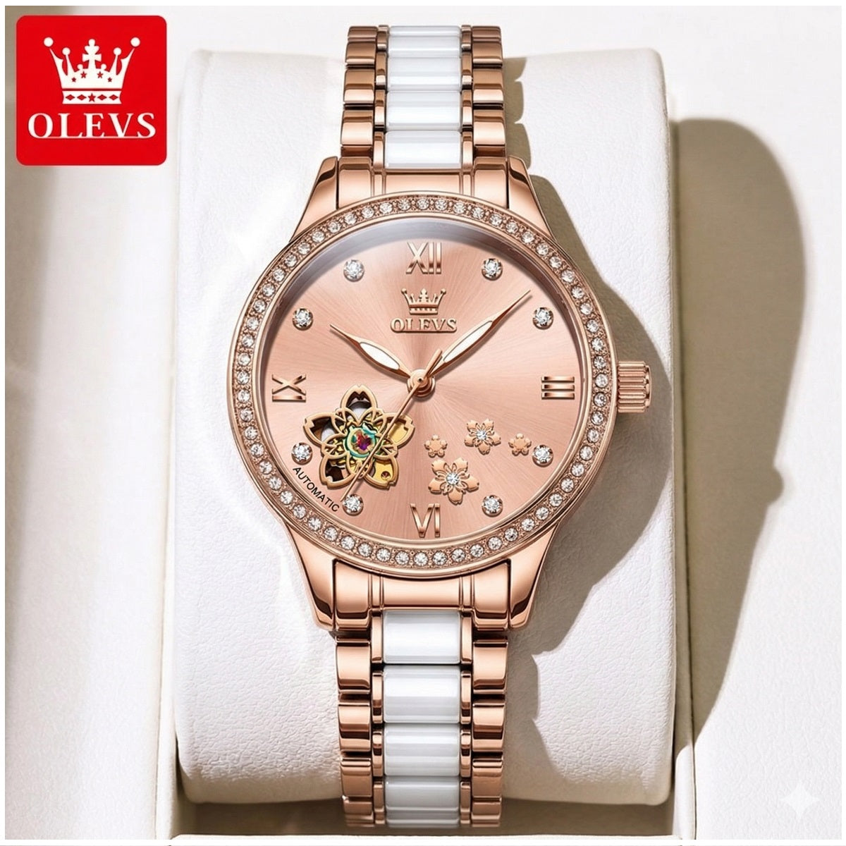 Reloj Automático Mujer Elegante 32mm Acero Inoxidable y Cerámica Diseño Floral Cristales Decorativos