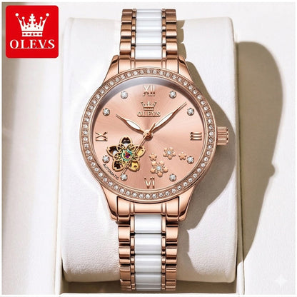 Reloj Automático Mujer Elegante 32mm Acero Inoxidable y Cerámica Diseño Floral Cristales Decorativos