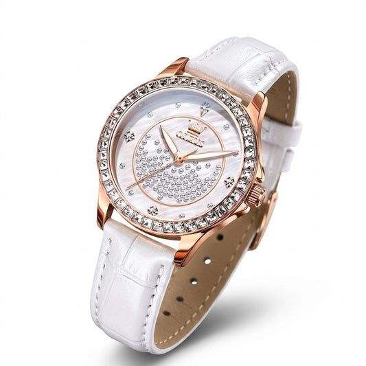 Reloj de Mujer Elegante de Cuarzo Cristales Decorativos Correa Blanca Texturizada y Esfera Luminosa