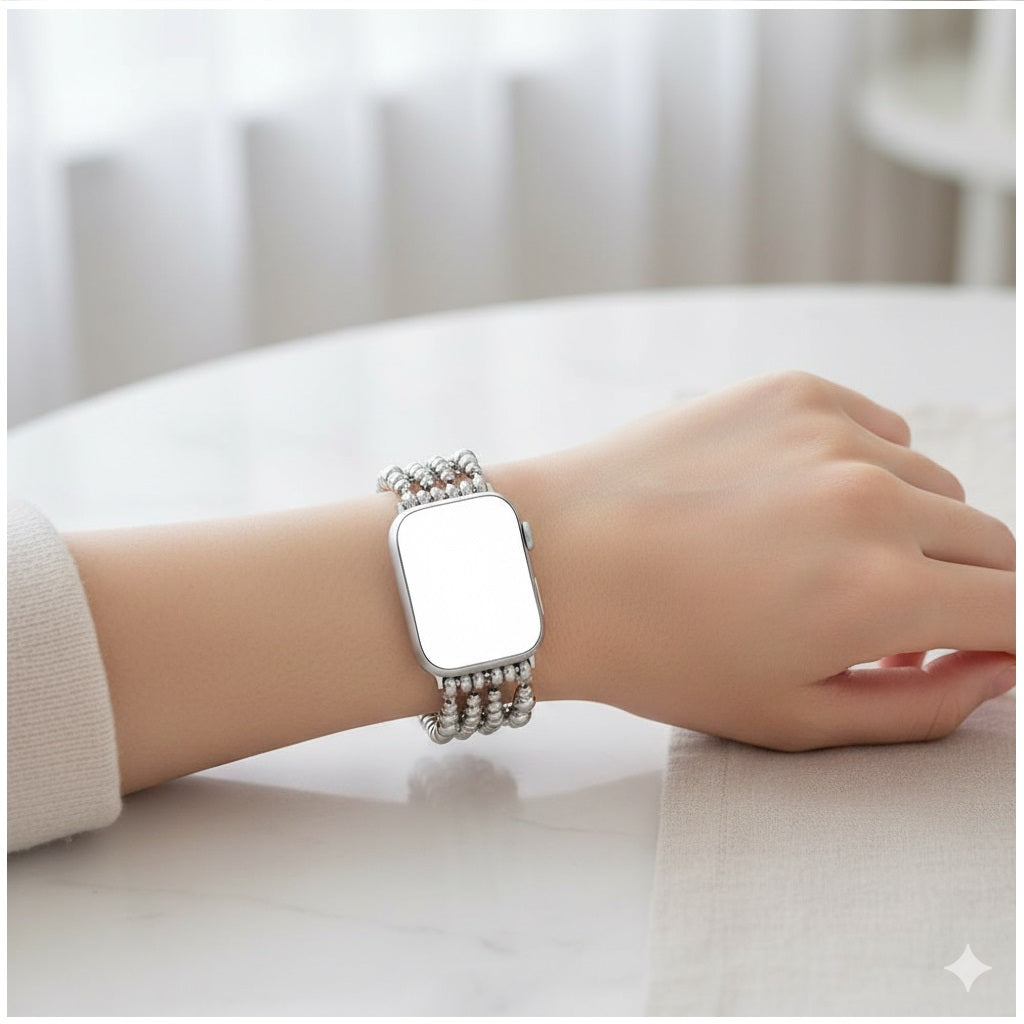 Correa Glamorous Silver Beaded para Apple Watch Diseño Elegante Estilo Exclusivo Compatible 42/44 mm