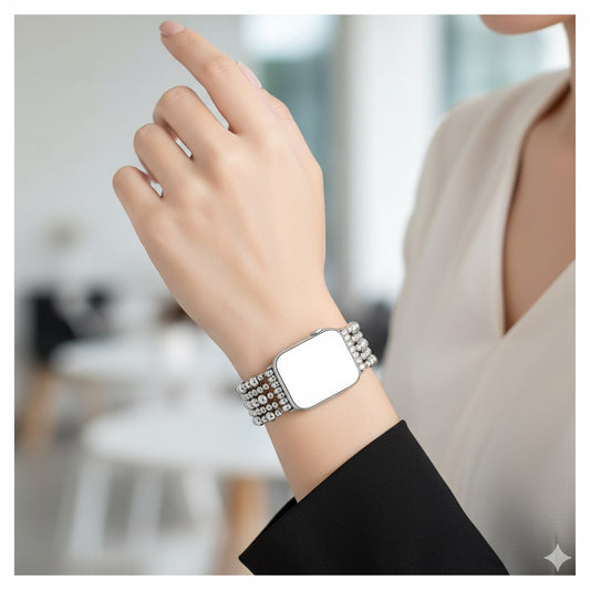 Correa Glamorous Silver Beaded para Apple Watch Diseño Elegante Estilo Exclusivo Compatible 42/44 mm