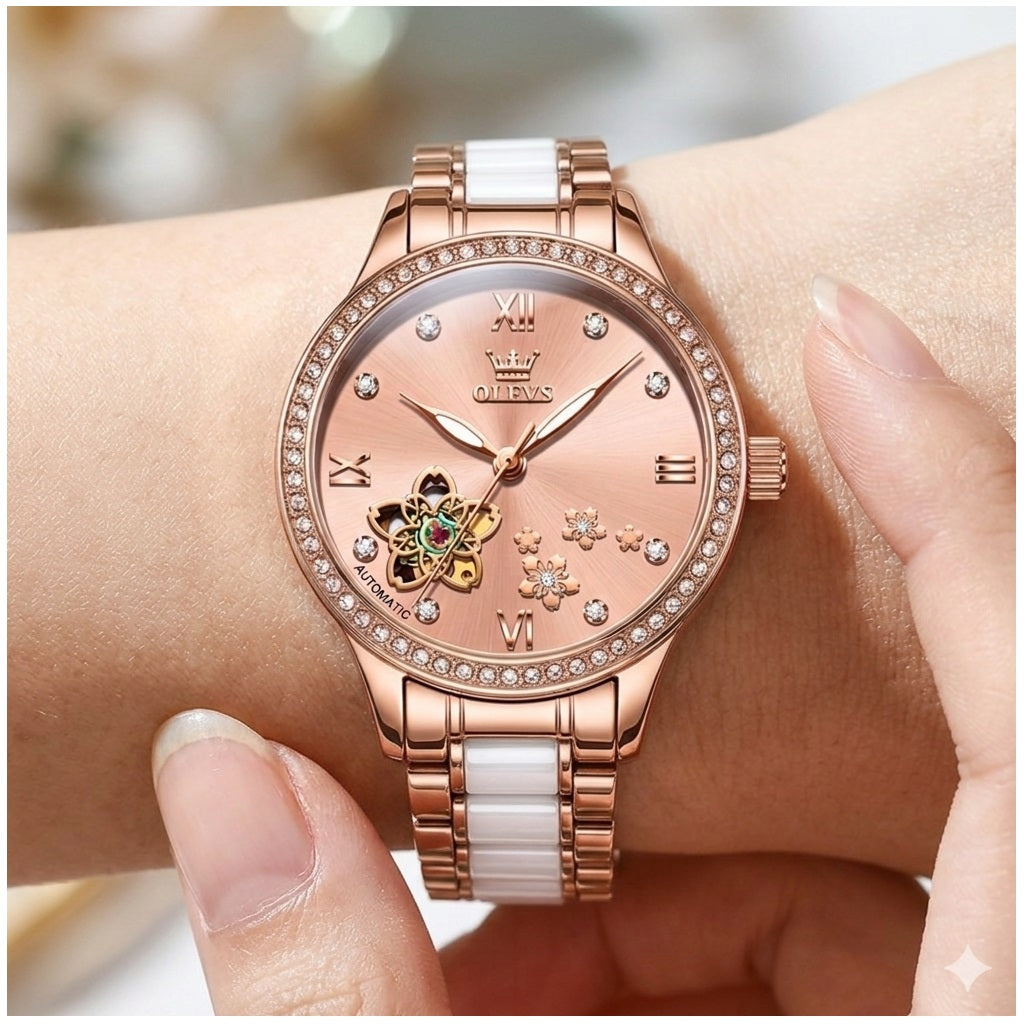 Reloj Automático Mujer Elegante 32mm Acero Inoxidable y Cerámica Diseño Floral Cristales Decorativos