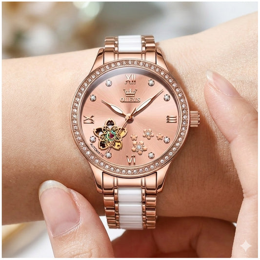 Reloj Automático Mujer Elegante 32mm Acero Inoxidable y Cerámica Diseño Floral Cristales Decorativos