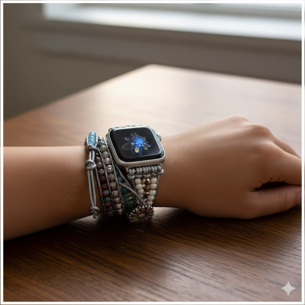 Correa Boho Trenzada para Apple Watch 42/44mm con Piedras Naturales, Estilo Luxury-Trendy