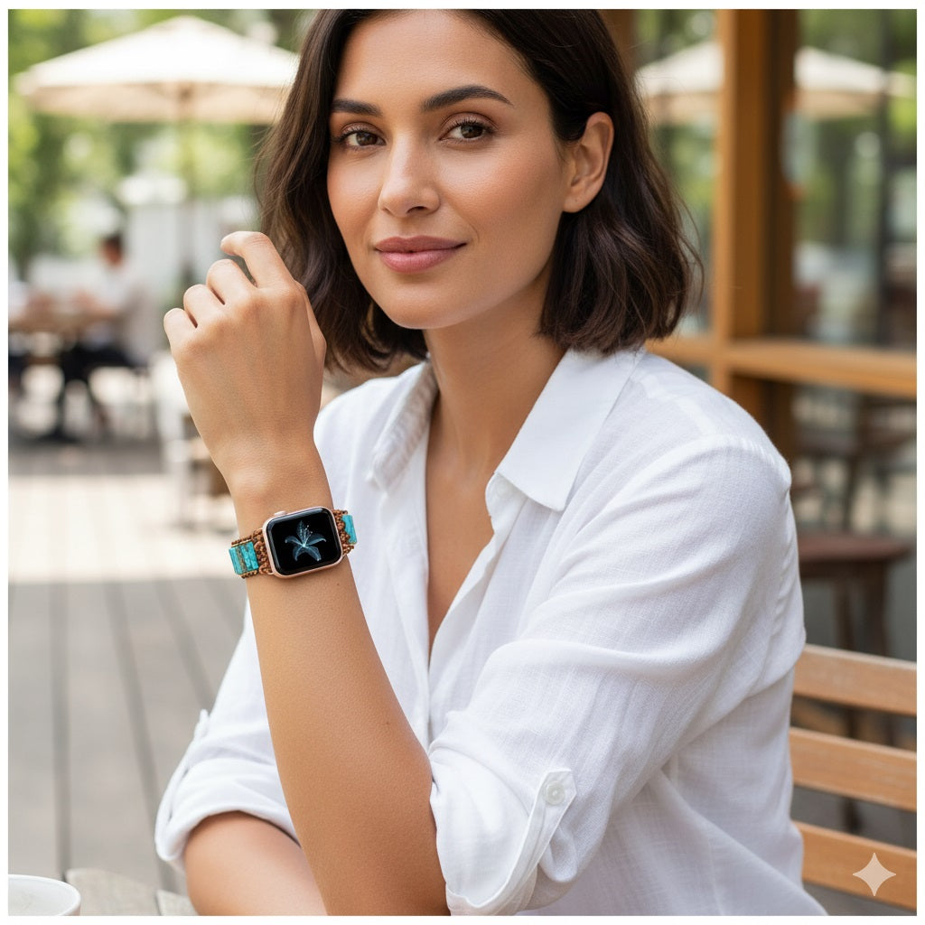 Correa Bohemia de Turquesa para Apple Watch (42/44mm) Diseño Artesanal, Piedras Naturales