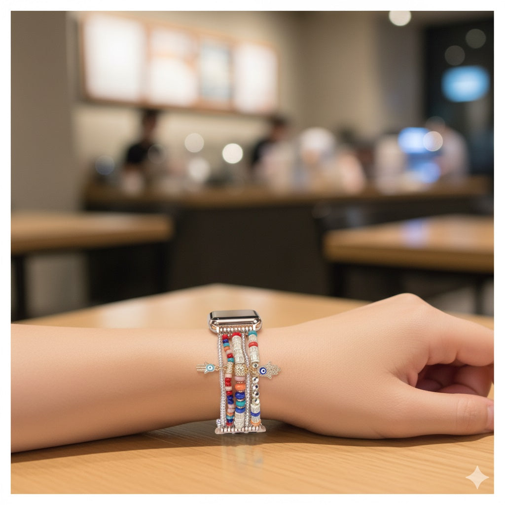 Correa Bohemia de Cuentas para Apple Watch 42/44 mm Múltiples Hilos Decorativos y Dijes Protectores