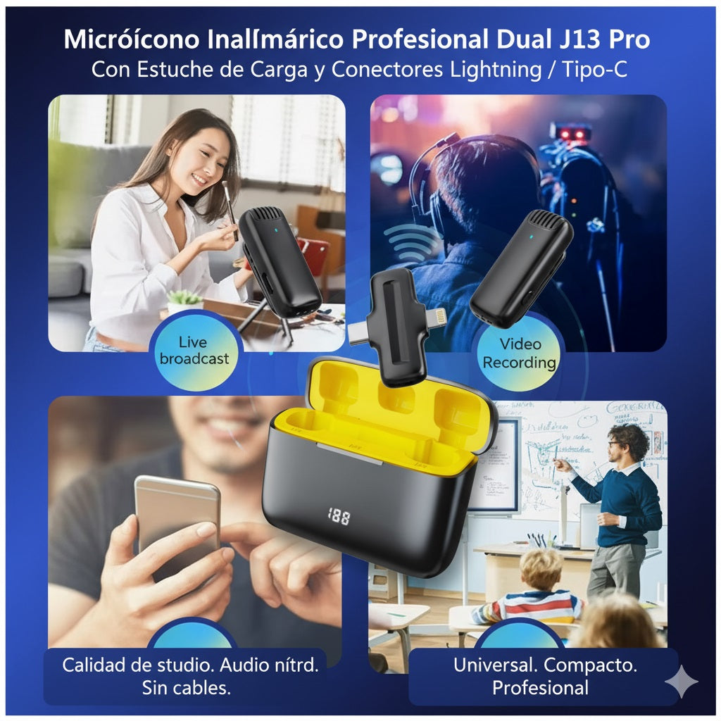 Micrófono Inalámbrico Profesional Dual J13 Pro con Estuche de Carga y Conectores Lightning / Tipo-C