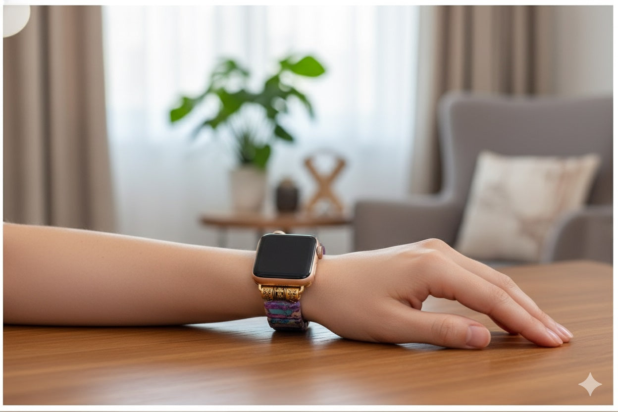 Correa Elástica Piedras Naturales para Apple Watch 42/44mm Diseño Bohemio Gemas Emperador Multicolor