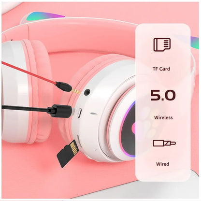 Audífonos inalámbricos Bluetooth RGB Orejas gato BT 5.0 Rosado