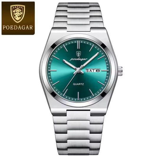 Reloj Analógico de Cuarzo para Hombre con Calendario Día y Fecha, Correa de Acero Inoxidable, Cristal Mineral, Resistente al Agua 3 BAR, Manecillas Luminosas