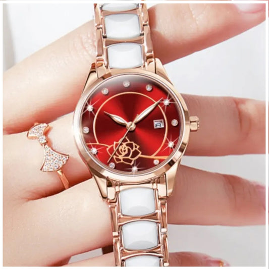 Reloj de Pulsera Elegante para Mujer con Esfera Roja Pulsera de Acero Inoxidable con Cerámica Blanca