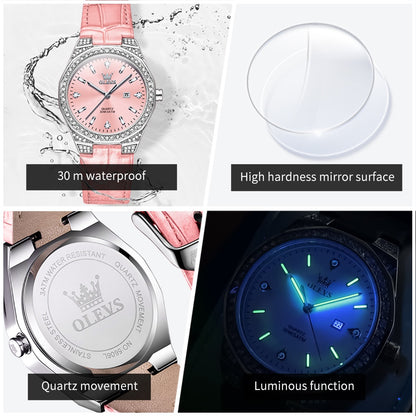 Reloj de Cuarzo para Mujer Correa de Cuero Rosa, Esfera de Cristales