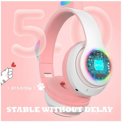 Audífonos inalámbricos Bluetooth RGB Orejas gato BT 5.0 Rosado