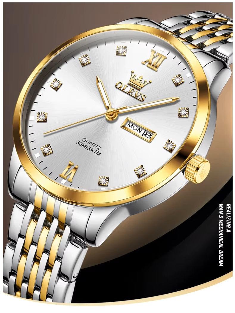 Reloj de Hombre Elegante Movimiento Cuarzo Bicolor Acero Inoxidable