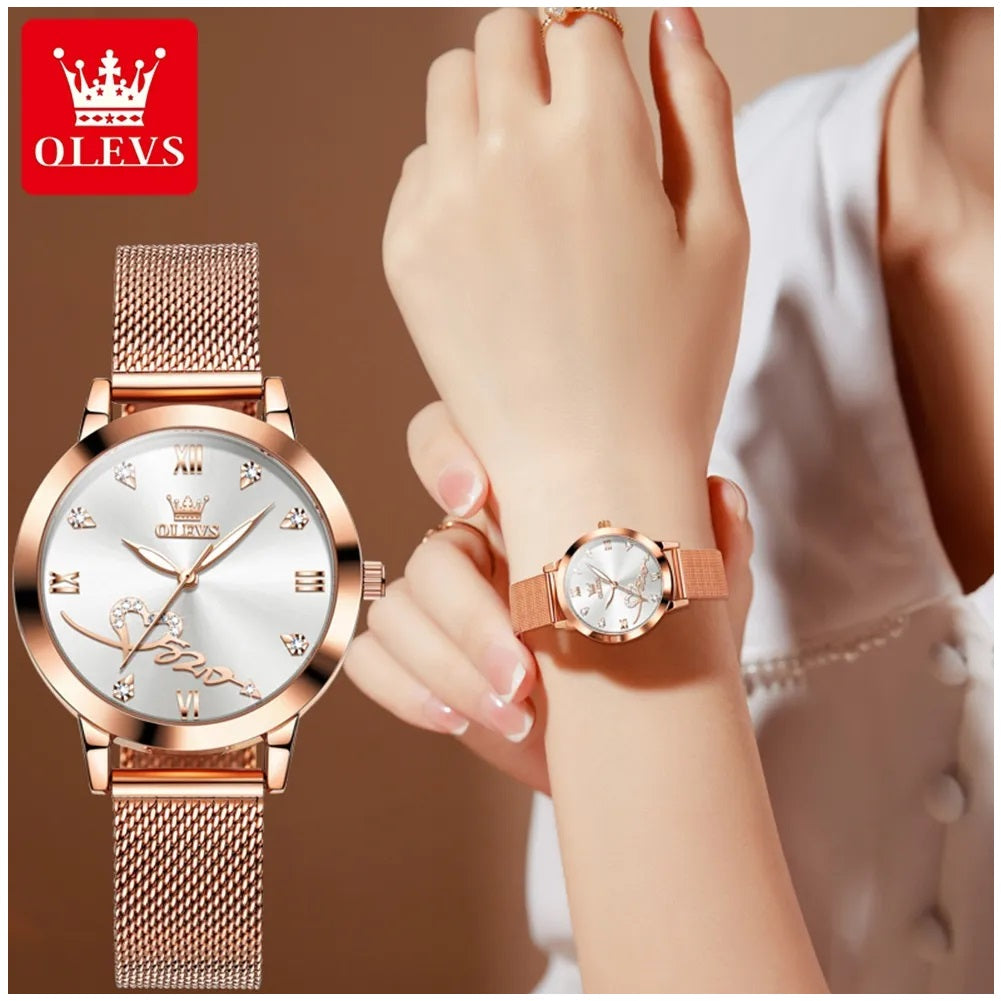 Reloj de Mujer Diseño Elegante Pulsera Metálica de Malla Rosa Dorado