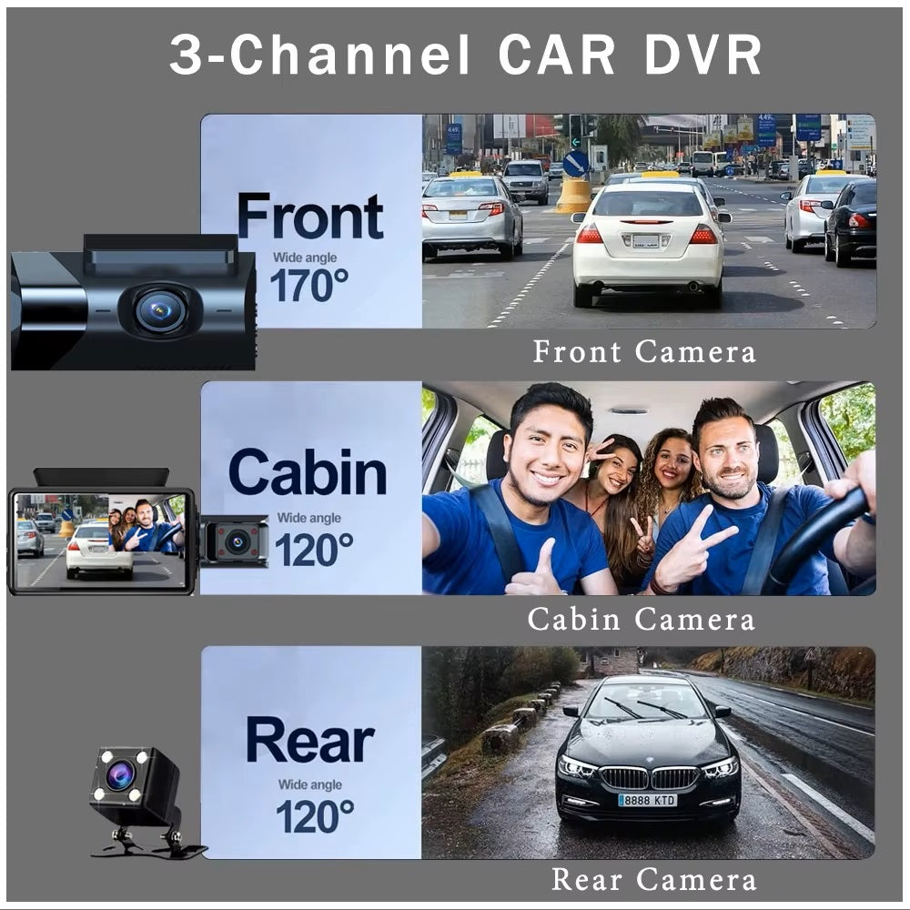 Cámara Vehicular 3 Lentes Full HD 1080P con WiFi, Pantalla de 3”, Visión Nocturna Gran Angular 170°