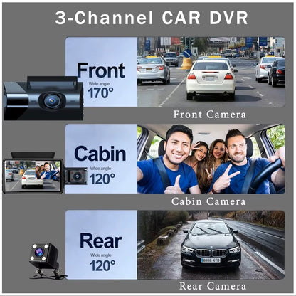 Cámara Vehicular 3 Lentes Full HD 1080P con WiFi, Pantalla de 3”, Visión Nocturna Gran Angular 170°