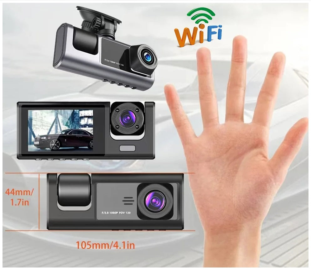 Cámara DVR para Auto Full HD 1080P 3 Canales Visión Nocturna WiFi Detección de Movimiento