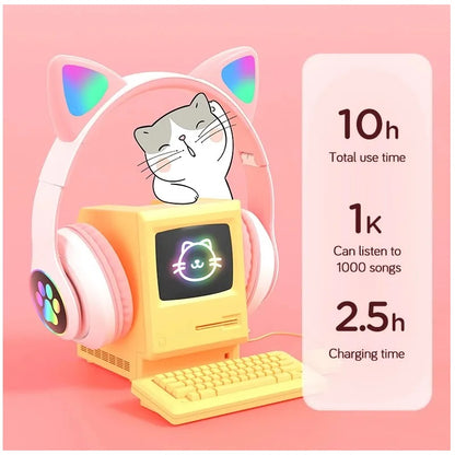 Audífonos inalámbricos Bluetooth RGB Orejas gato BT 5.0 Rosado