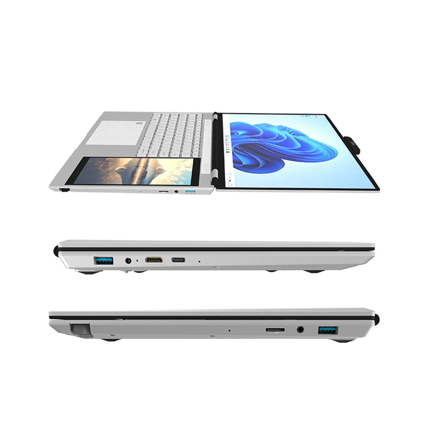 Notebook Dual Screen 15.6” Full HD + Pantalla Secundaria 7” | 16GB RAM DDR5 | 512GB SSD | Intel Quad-Core hasta 3.4GHz | Windows 11 Pro | Webcam Magnética