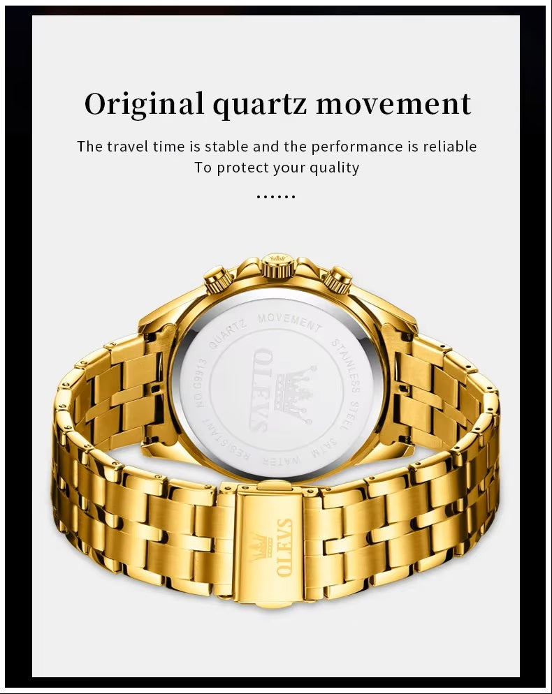 Reloj de Pulsera para Hombre Clásico de Lujo Acero Inoxidable Dorado