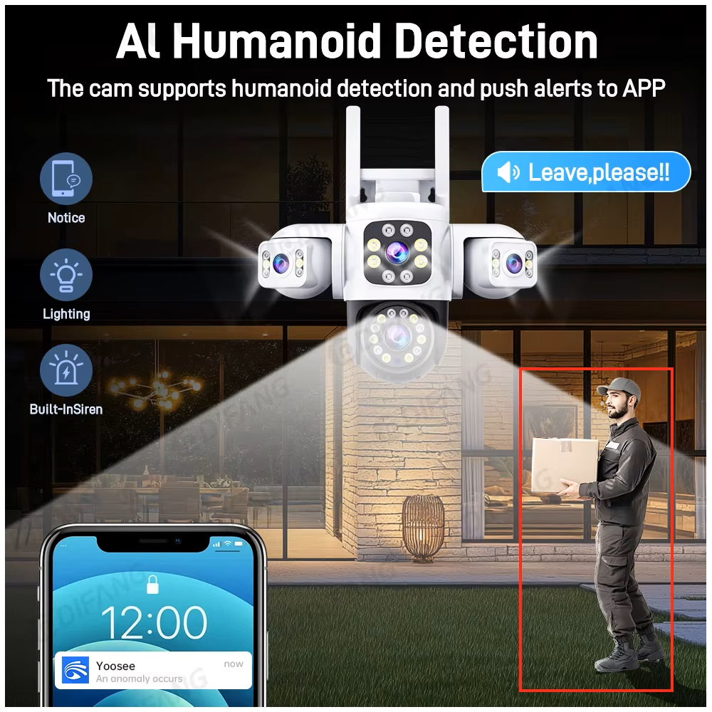 Cámara de Seguridad WiFi Exterior 12MP con Triple Lente, Visión Nocturna en Color y Seguimiento Automático