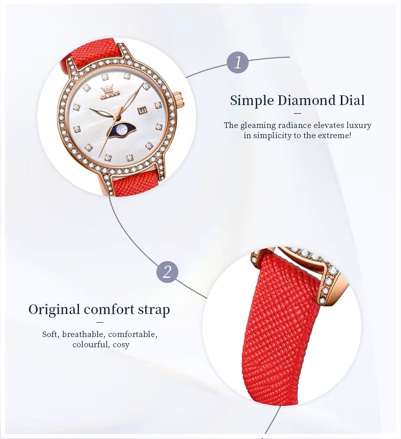 Reloj de Pulsera Mujer Elegante con Fase Lunar y Correa de Cuero Rojo