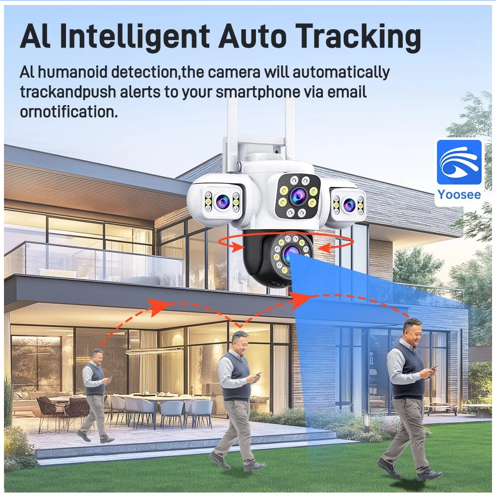 Cámara de Seguridad WiFi Exterior 12MP con Triple Lente, Visión Nocturna en Color y Seguimiento Automático