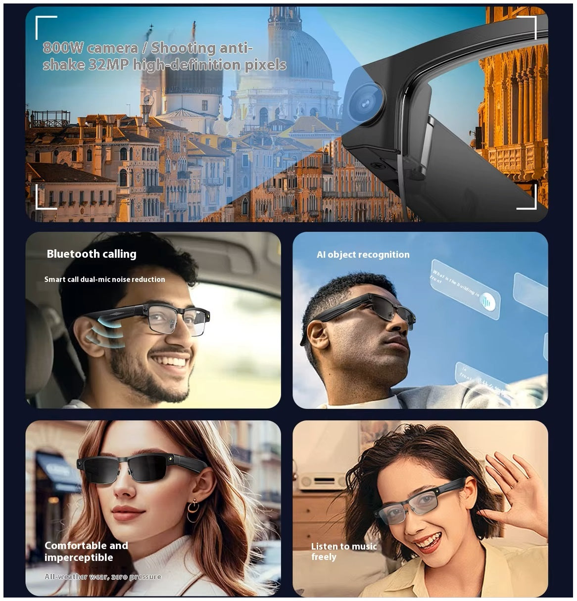 Gafas Inteligentes Cámara HD 8MP, Grabación 1200P, Traducción AI, WiFi, Bluetooth y Auriculares Integrados IPX5