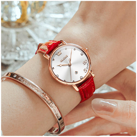 Reloj Femenino de Cuarzo con Correa de Cuero Rojo y Esfera Decorativa