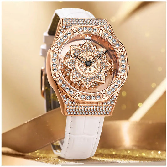 Reloj de Mujer de Lujo con Diseño Floral Rotativo y Correa de Cuero
