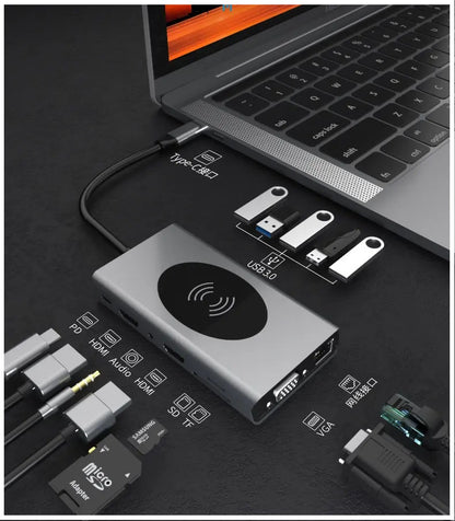 Hub Adaptador USB Tipo-C 15 en 1 con HDMI 4K, Ethernet Gigabit, PD 87W y Carga Magnética para Smartphone – Compatible con MacBook y Windows